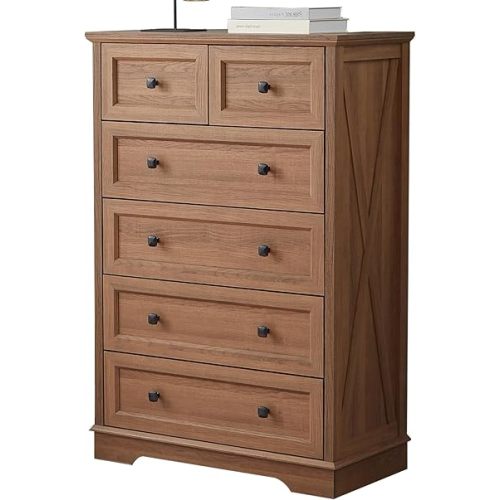 NONGSHIM Farmhouse Dresser for Bedroom with 6 Deep Drawers, Modern Dressers Tall 6 Chest of Drawers, Natural Oak Wood Storage Organizer Dresser, Nursery Dresser for Living Room, Bedroom, Hallway