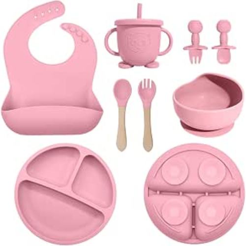 Silicone Baby Feeding Set 8 Pcs, Baby Led Weaning Supplies with Suction Plates & Bowls, Adjustable Bib, Baby Utensils Spoons and Forks, Sippy Cup, BPA-Free First Stage Eating Essentials (Pink)