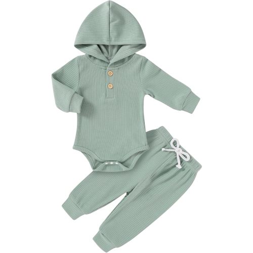 YOUNGER TREE Newborn Baby Boy Girl Clothes Hooded Long Sleeve Romper Pants Set Solid Ribbed Infant Fall Winter Outfits