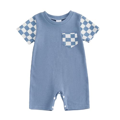 Tsultryofs Baby Boy Girl Romper Newborn Infant Summer Jumpsuit Plaid Print Short Sleeve Crew Neck Romper
