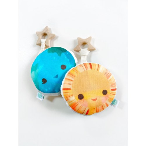 Organic earth/sun rattle with shaped teether, kawaii baby, eco toy, natural wooden teether, handmade organic cotton baby accessories, space