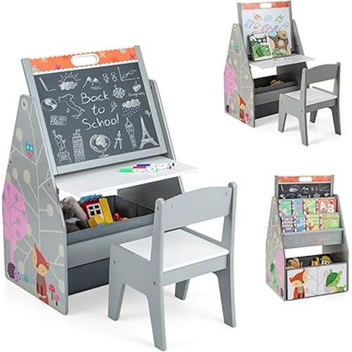 HONEY JOY Kids Art Easel, Wooden Double-Sided Toddler Table & Chair Set w/Adjustable Magnetic White Board & Chalkboard, Bookshelf & Storage Bin, Arts & Crafts, Kids Easel for Boys Girls (Gray)