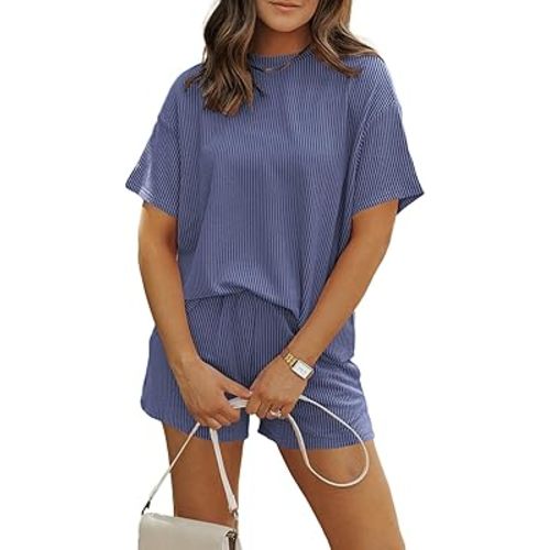 MARZXIN Women 2 Piece Shorts Set 2026 Casual Summer Cruise Outfits Ribbed Loose Short Sleeve Pocket Matching Lounge Sets