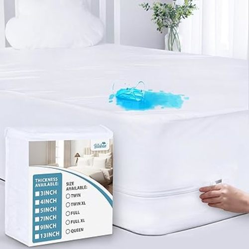 Biloban Zippered Queen Mattress Protector (3/4/5/7/9/13Inches), Waterproof Mattress Cover & Encasement, 6 Sides Wrapping Box Spring Cover Low Profile