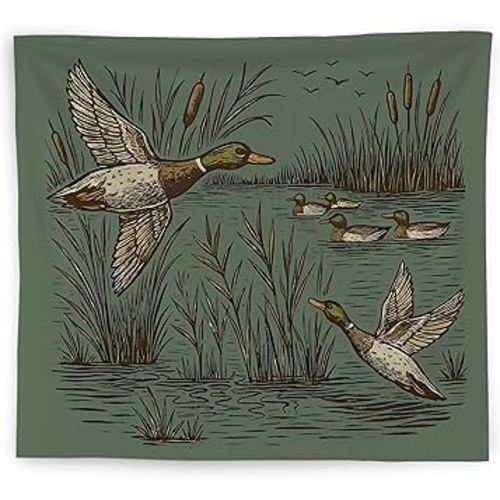 WNAGT Vintage Mallard Duck Tapestry Wall Hanging, Retro Green Country Wildlife Flying Mallard Duck Wall Blanket Decor for Toddler Boys Kids Room Nursery Playroom, 50x60 Inch