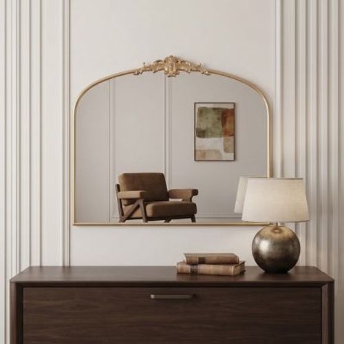 40" x 30" Vintage Arched Gold Decorative Wall Mirror, Antique Brass Full Metal Frame, Baroque Ornate Wall Mirror for Entryway, Living Room-Panipeachy