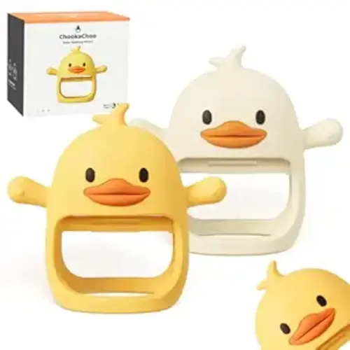 2 Pack Baby Teething Toy for Over 3 Months, Food Grade Silicone Teething Mitten, Anti Dropping Wrist Hand Teethers Baby Chew Toys for Sucking Needs, BPA Free (Duckie)