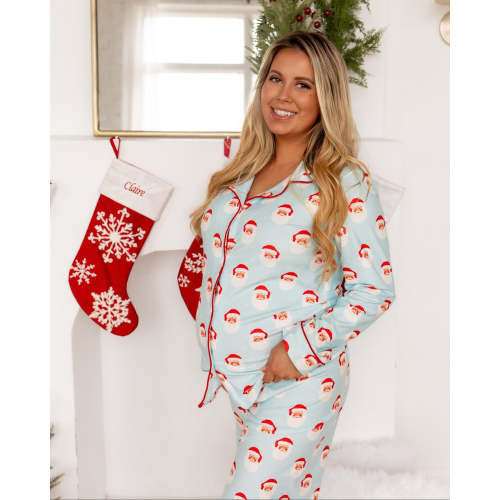 ****PREORDER***Adult Button Down Pajamas - Vintage Santa Holiday Lounge – Sugar Bee Clothing
