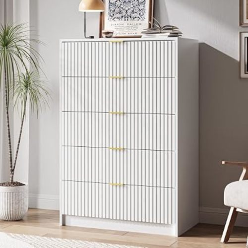 MAISONARIA 5 Drawer Dresser for Bedroom, Tall Dresser Chest of Drawers with Gold Handles, 32 Inch Wide Nightstand with for Bedroom, Living Rooms, Offices, and Entryways, White
