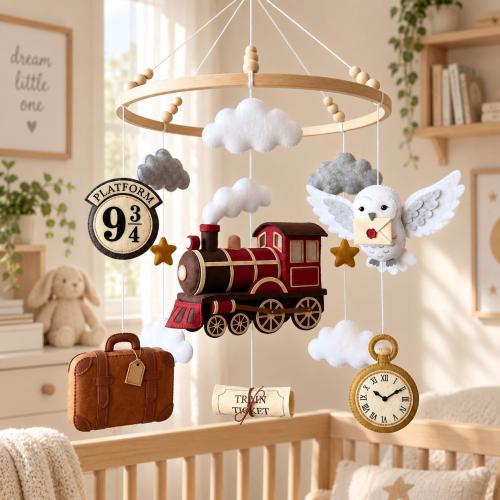 Handmade Wizard Train Baby Mobile, Felt Magic Railway Crib Mobile, Owl Castle Nursery Decor, Fantasy Baby Room Decor