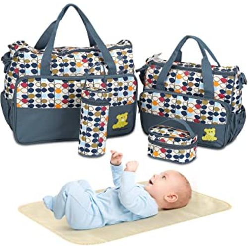 5PCS Diaper Bag Tote Set for Baby Essentials – Large Baby Bags for Mom, Waterproof Maternity Bags with Bottle Bag, Food Bag & Changing Pad (Gray)