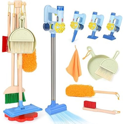 Dreamon Wooden Toddler Cleaning Set - 11Pcs Kids Cleaning Toy Set with 3-in-1 Kids Vacuum That Really Works, Montessori Cleaning Toys with Broom and Mop Set for Toddlers Girls Boys Age 3-6