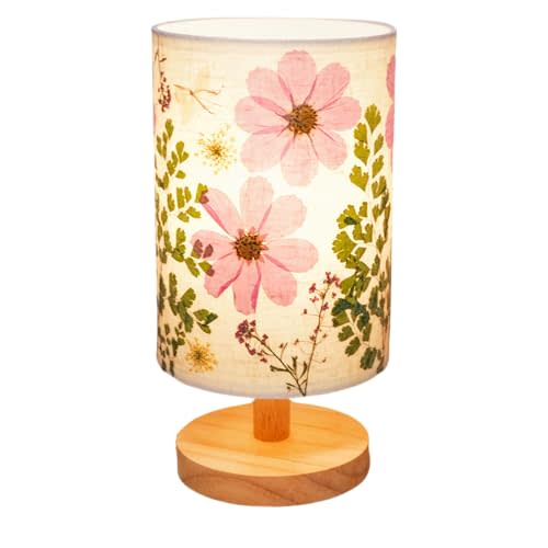 Floresita Dried Flowers Table Lamp 5W LED 3-Color Pressed Flower Bedside Lamp Linen Shade with Wood Base for Bedroom Living Room Desk Office