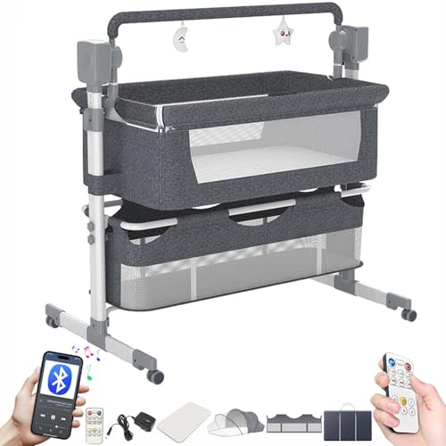 Electric Bluetooth Smart Baby Bedside Bassinet, Baby Bassinet Bedside Sleeper, Next to Me Crib with Wheels, Foldable Co-Sleeping Bed Bassinet for Newborn with 5 Swaying Gears and Remote (601 Grey)