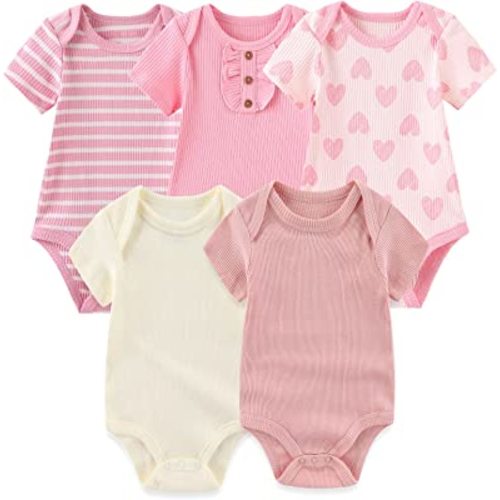 MAMIMAKA Newborn Baby Short Sleeve Bodysuit Cotton One-Piece Baby Clothes 5-Pack, 3-6 Months