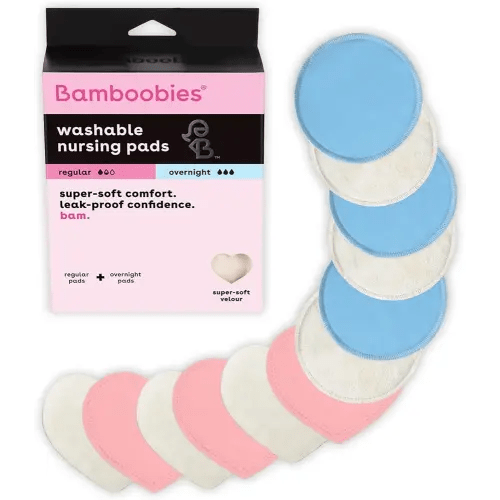 Bamboobies Nursing Pads, Ultra-Soft Velour, Reusable, Washable & Leak-Proof, 6 Ultra-Thin and 6 Overnight Pads for Breastfeeding