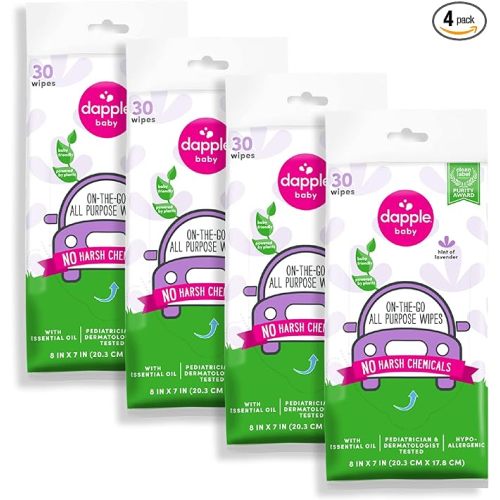 Dapple Baby All Purpose Wipes, Hint of Lavender, Plant Powered, Hypoallergenic, 30 Count (Pack of 4)