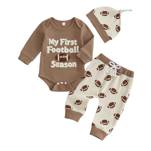 Newborn Baby Boy Clothes Football Outfits Embroidered Waffle Long Sleeve Romper Pants Hat Fall Winter 3 Piece Set