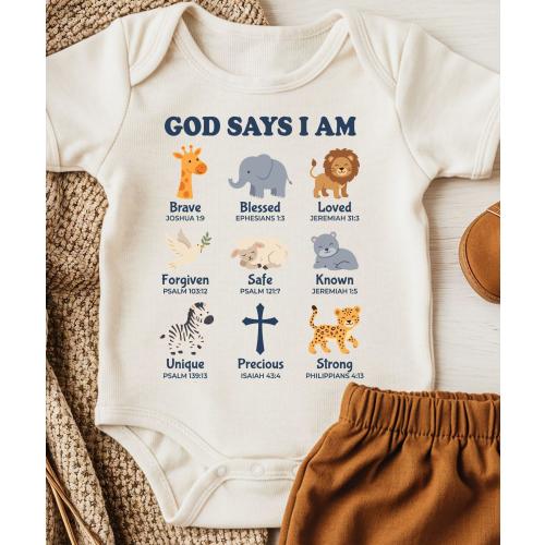 Safari Animals, God Says I Am Kids Shirt, Christian Toddler Tee, Bible Verse Shirt, Faith Based Kids Clothing, Religious Baby Bodysuit