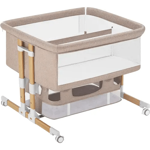Baby Bassinet Bedside Sleeper, Adjustable Bedside Crib with Storage for Newborns, Portable Bassinet with Anchor Strap (Wood Grain-Twins, Khaki)