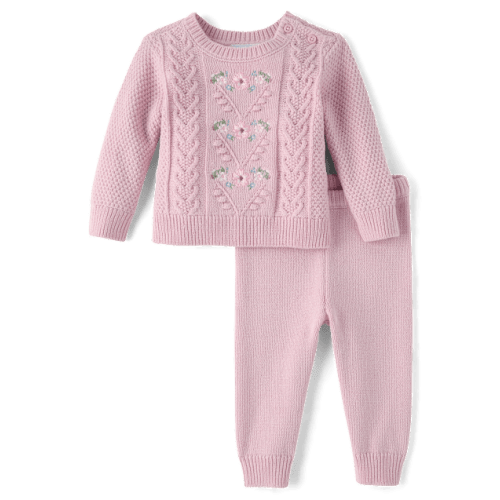 Baby Girls Embroidered Floral Cable Knit Sweater 2-Piece Playwear Ser - Purple
