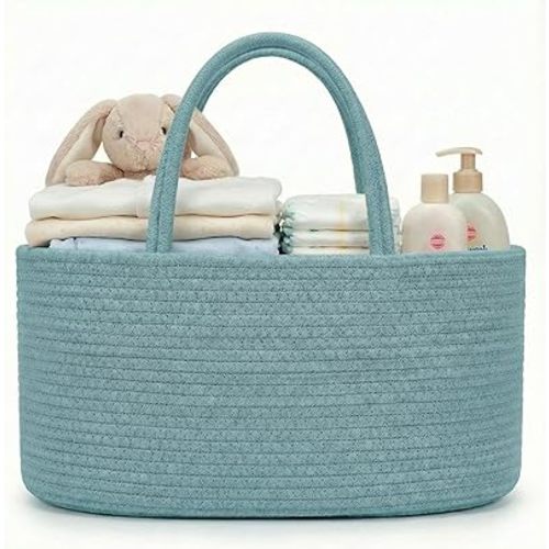 luxury little Diaper Caddy Organizer, Large Cotton Rope Nursery Baby Basket, Changing Table Organizer for Baby Diaper Storage, Portable Car Organizer Removable Divider (Lake Blue, Large)
