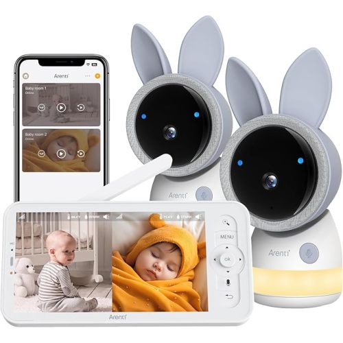Arenti 4MP Baby Monitor 2 Cameras, 5G&2.4G WiFi Smart Baby Camera 2PC with 5-Inch Wireless Display, Super Night Vision, Lullabies, Cry & Motion Detection, Temp & Humidity Sensor, Two Way Audio Cream