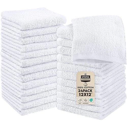 Utopia Towels 24 Pack Cotton Washcloths Set, 100% Ring Spun Cotton, Premium Quality Flannel Face Cloths, Highly Absorbent and Soft Feel Fingertip Towels, White