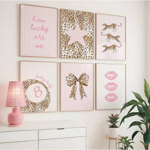 Pink Cheetah Gallery Wall Art Set | Bow, 8 Ball, Star Prints (Digital Download)