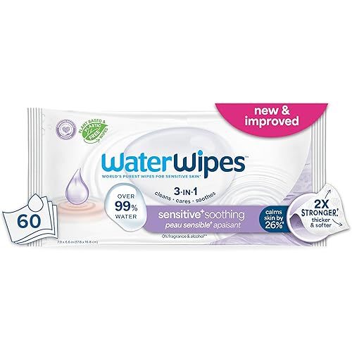 WaterWipes Sensitive+ Soothing Wipes, 3-In-1 Cleans, Cares, Soothes, 99% Water with Botanical Extract, Unscented & Hypoallergenic Baby Wipes, 60 Count (1 Pack)