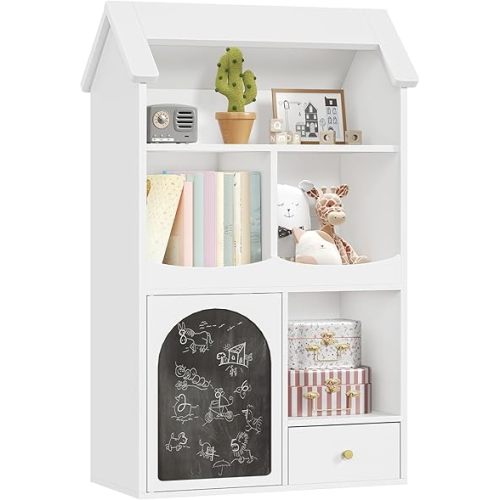 HOOBRO Toy Storage Organizer, Toy organizers and Storage with Drawer and DlY Chalkboard, Kids Bookshelf and Toy Storage with 4 Cubbies, Kids Toy Storage for Kids Room, Playroom, Nursery White WB64CW01