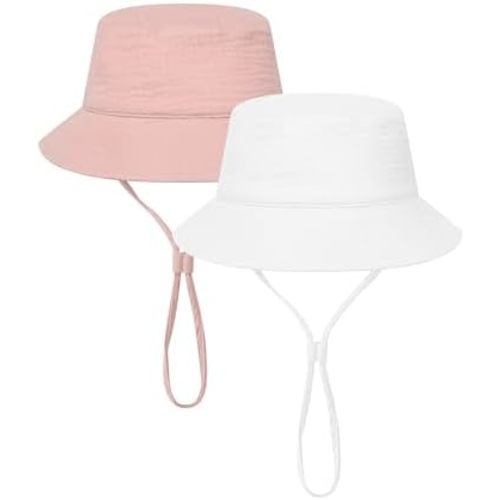 Cooraby 2 Pack Baby Sun Hat Newborn Bucket Hats with Wide Brim Adjustable Beach Hat for Boys Girls