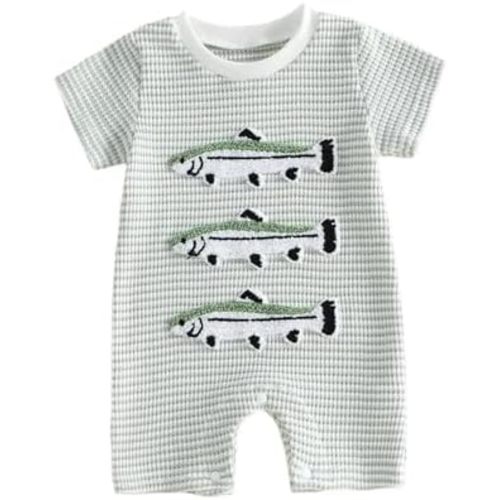 Bagilaanoe Infant Baby Boy Short Sleeve Romper Jumpsuit Pants Duck Fish Waffle Knit Outfit Summer One Piece Clothes