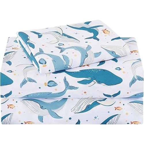 Kids Sheet Set Twin Size, Twin Sheet Set with Marine Whales Pattern，Breathable Silky Soft Microfiber Kids Fitted Sheet