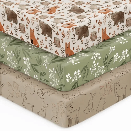 Baby Crib Sheets for Boys Girls, 28x52x8in Fitted Crib Sheet Neutral 3 Pack for Standard Crib and Toddler Mattress, Breathable Soft Microfiber Baby Sheet Green & Brown Fox