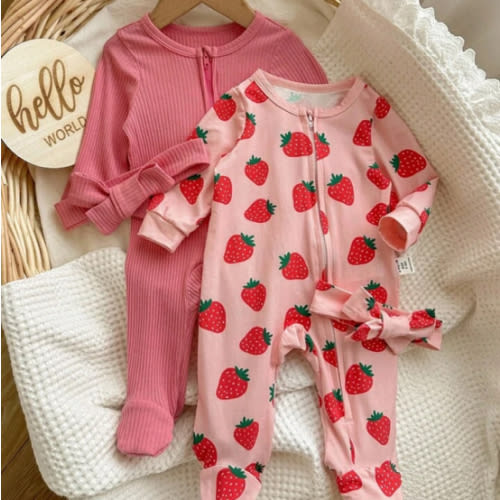2pcs Newborn Baby Girl Cute Strawberry Print Crew Neck Long Sleeve Zipper Front Soft Romper Set Graphic | SHEIN USA