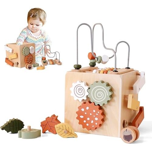 ibwaae 5 in 1 Wooden Activity Cube Play Center Bead Maze Leaves Shape Sorter Learning Montessori Toys for Toddlers 1-3 Early Educational Developmental Learning Toys for Kids