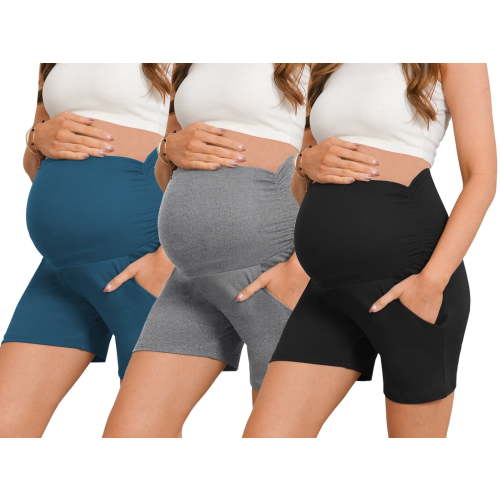 Bearsland Womens Maternity Shorts over Belly Pregnancy Yoga Workout Lounge Sleep Shorts with Pocket 3-Pack