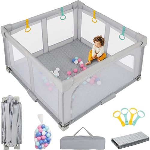 INFANS Foldable Baby Playpen with Mat, 50” x 50” Large Baby Play Yard for Infant with 50 Ocean Balls, 4 Handlers, Carry Bag, Indoor Outdoor Fence Toddler Activity Center (Gray, 50” x 50”)