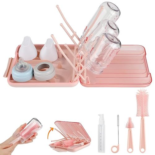 Baby Bottle Brush Set-6 in 1 Bottle Brush Cleaner with Silicone Bottle Brush,Drying Rack,Nipple Brush,Straw Brush,Soap Dispenser&Storage Box-Baby Essentials Gifts for Home&Travel(Pink)