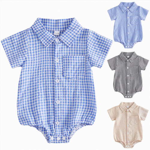 YDFCWXW Newborn Infant Baby Boy Summer Clothes Gingham Button Down Shirt Bubble Romper Short Sleeve Plaid Collared Bodysuit (Blue, 12-18 Months)