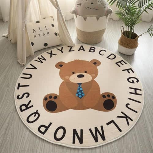 Round ABC Kids Rug for Boy and Girl, 39'' Soft Circle Alphabet Non-Slip Nursery Area Rug Educational Learning Carpet Activity Mat Rugs for Playroom Bedroom Kids Room Decor, Bear