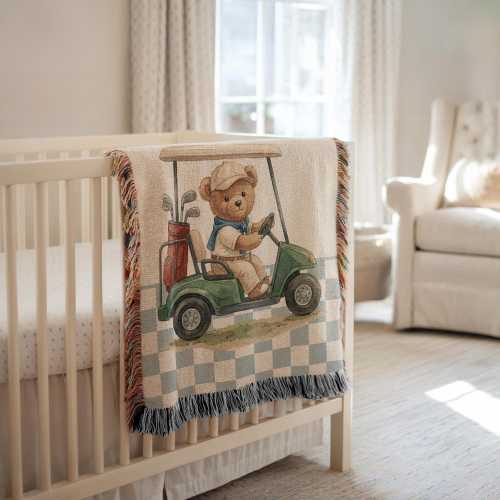 Vintage Golf Nursery Decor Bear Baby Blanket Personalized Baby Boy Blanket Custom Baby Name Blanket Golfer Boy Baby Shower Gift Keepsake