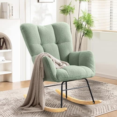 Teddy Rocking Chair Nursery 2 Side Pocket Accent Glider Baby Rocking Chair with Floor Protector for Nursery Room, Bedroom, Living Room, Small Space(Light Green)