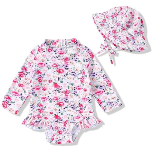 Infant Baby Girl Swimsuit One-Piece Long Sleeve Rash Guard with Hat Set Floral Zipper Bathing Suit Leopard Beach Wear