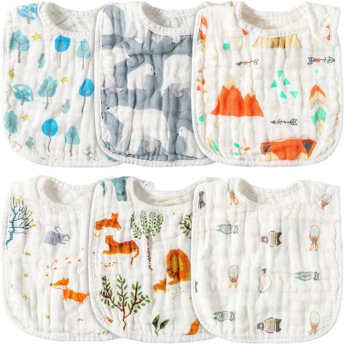 Zainpe 6Pcs Snap Muslin Cotton Bibs for Baby Bear Fox Deer Dog Bib Adjustable Machine Washable Burp Cloths with 6 Absorbent Soft Layers for Unisex Infant Newborn Toddler Drooling Feeding Teething