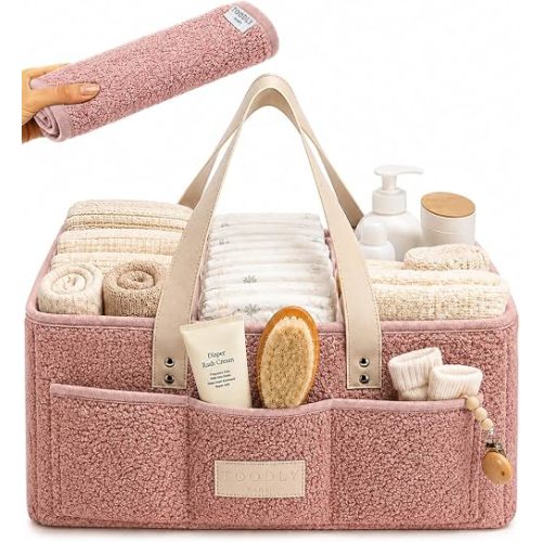 Baby Diaper Caddy Organizer with Waterproof Changing Pad, Pink