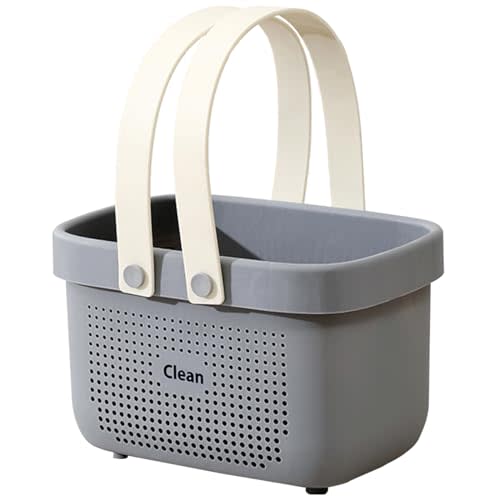 Portable Shower Caddy Basket with Handles Plastic Storage Basket Small Grey | Sturdy Drainage Large Capacity Organizer Basket with Silicone Handles for Bathroom Kitchen Bedroom College Dorm Essentials