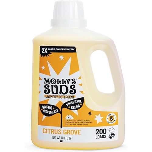 Molly's Suds Liquid Laundry Detergent | Clean Laundry Detergent Soap for Sensitive Skin | 2x Concentrated, High Efficiency (HE) (Citrus Grove - 200 Loads)