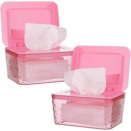 Wipes Dispenser, One-Handed Operation Wipe Holder for Baby & Adult, Seal-Designed Wipes Container for Bathroom Keep Diaper Wipes Fresh (2 Pack Pink)